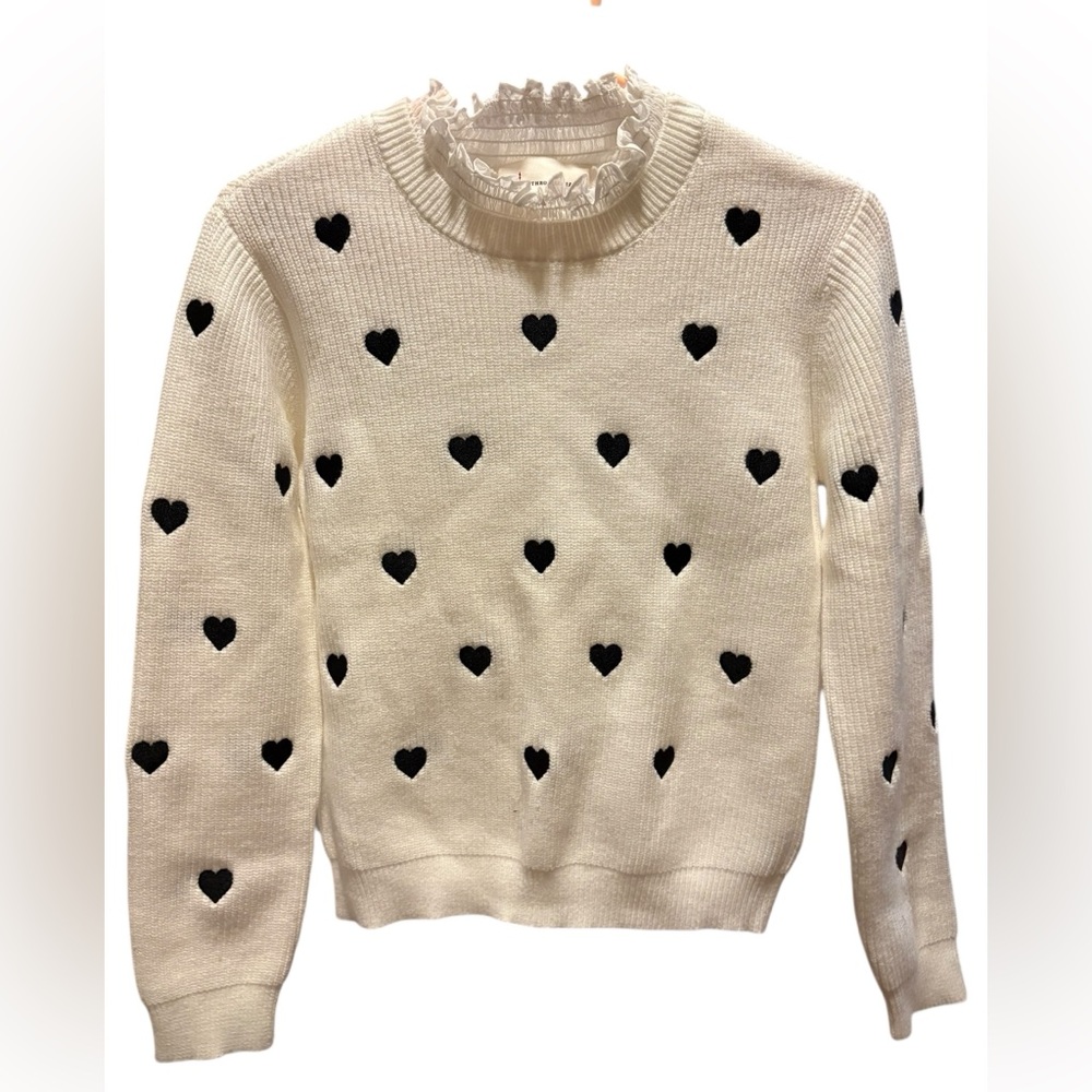 Anthropologie White Heart Ruffle Neck Sweater Size XS